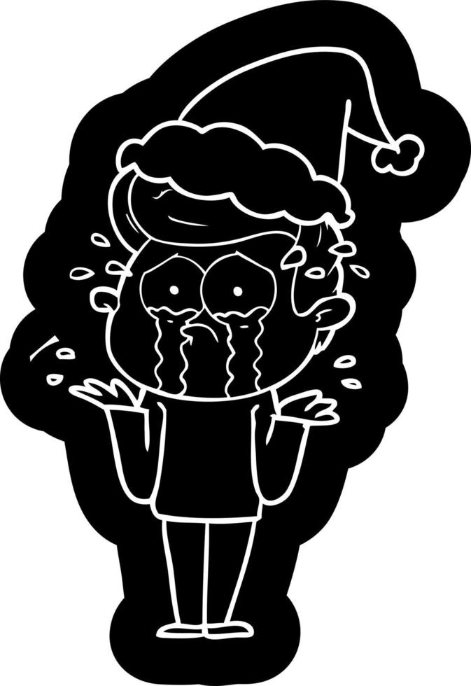 cartoon icon of a crying man wearing santa hat vector