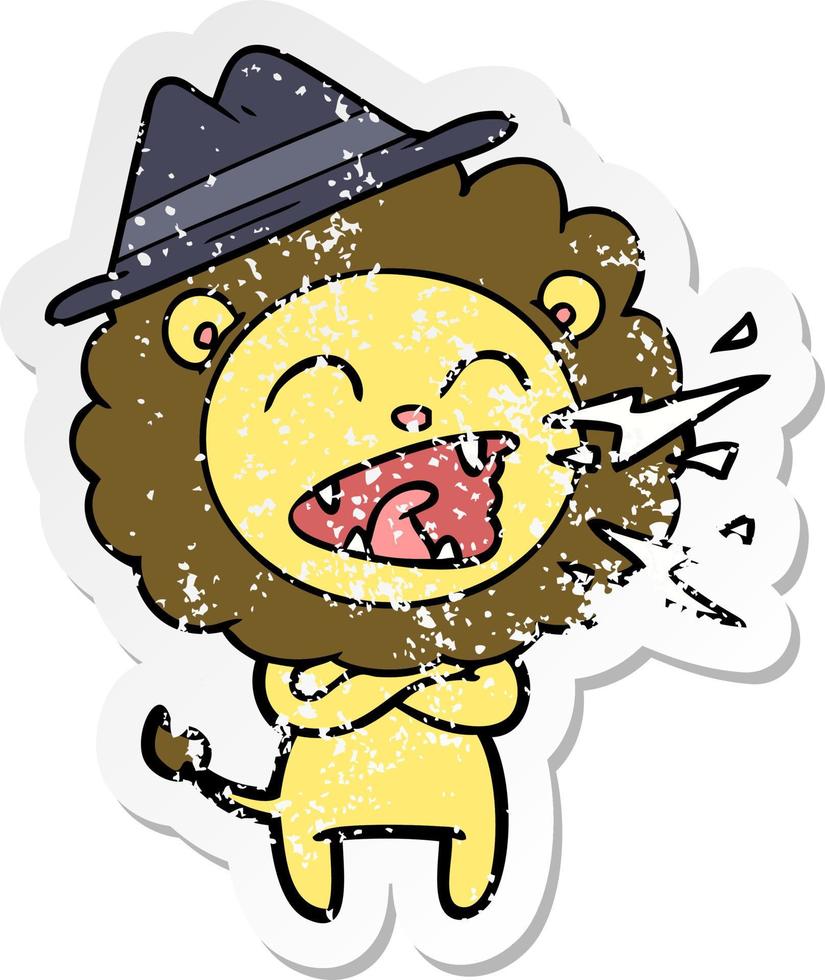 distressed sticker of a cartoon roaring lion wearing hat vector