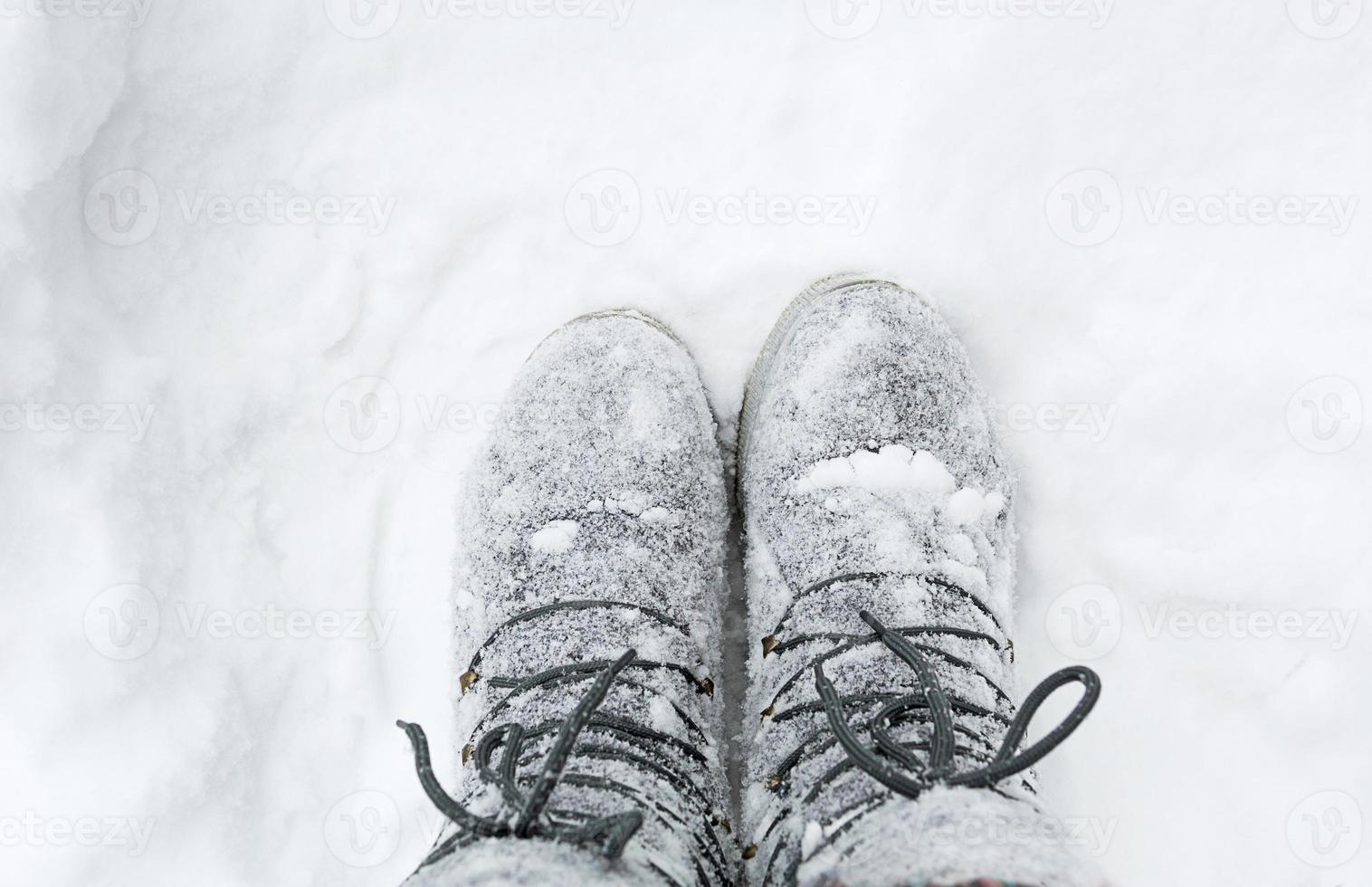 The boots on the laces are covered with snow. Winter, snowfall, cold, felted wool shoes, frost protection, frost resistance. Life in the village, cottage core, authenticity. Close-up, copyspace photo