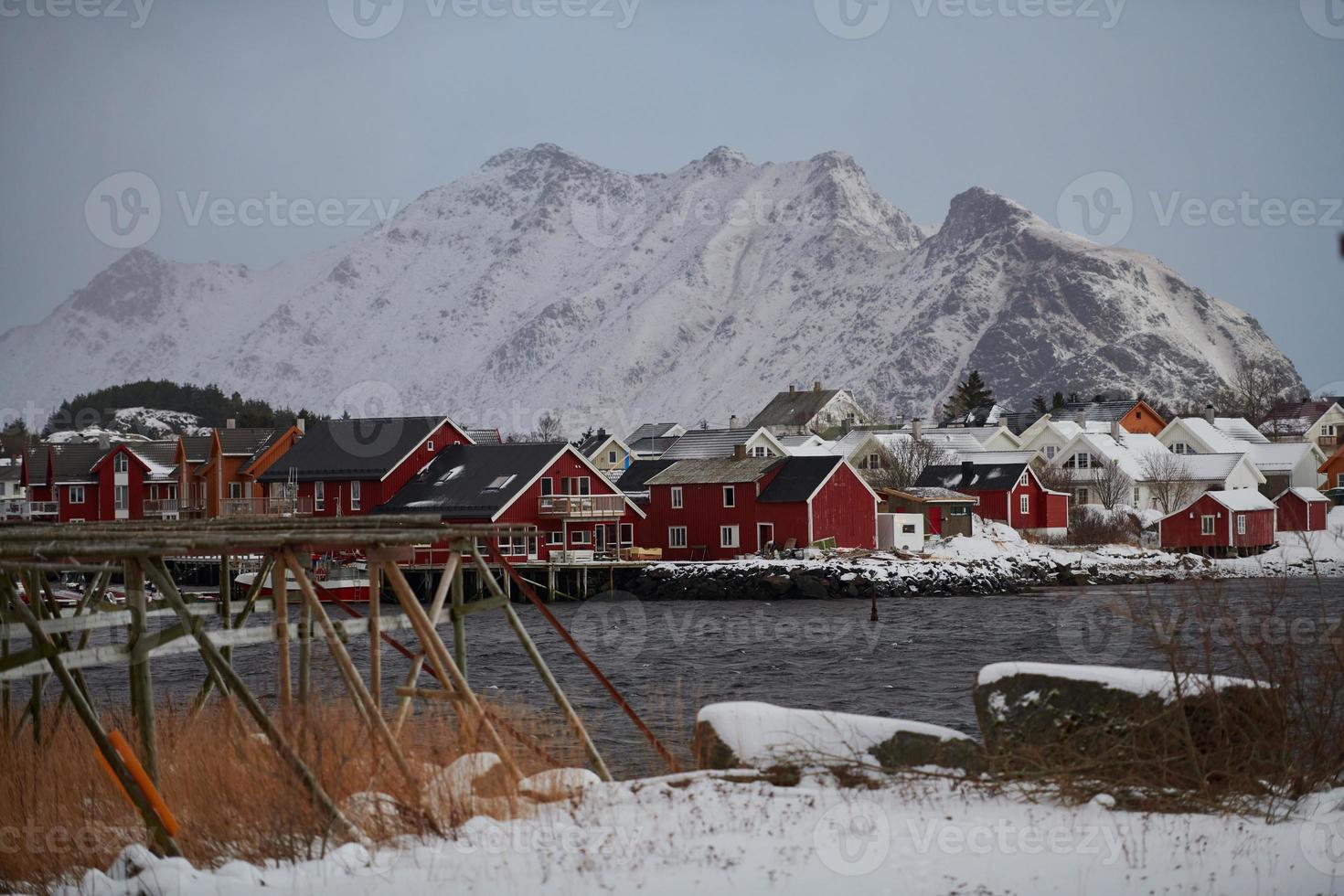 Traditional Norwegian fisherman's cabins and boats photo