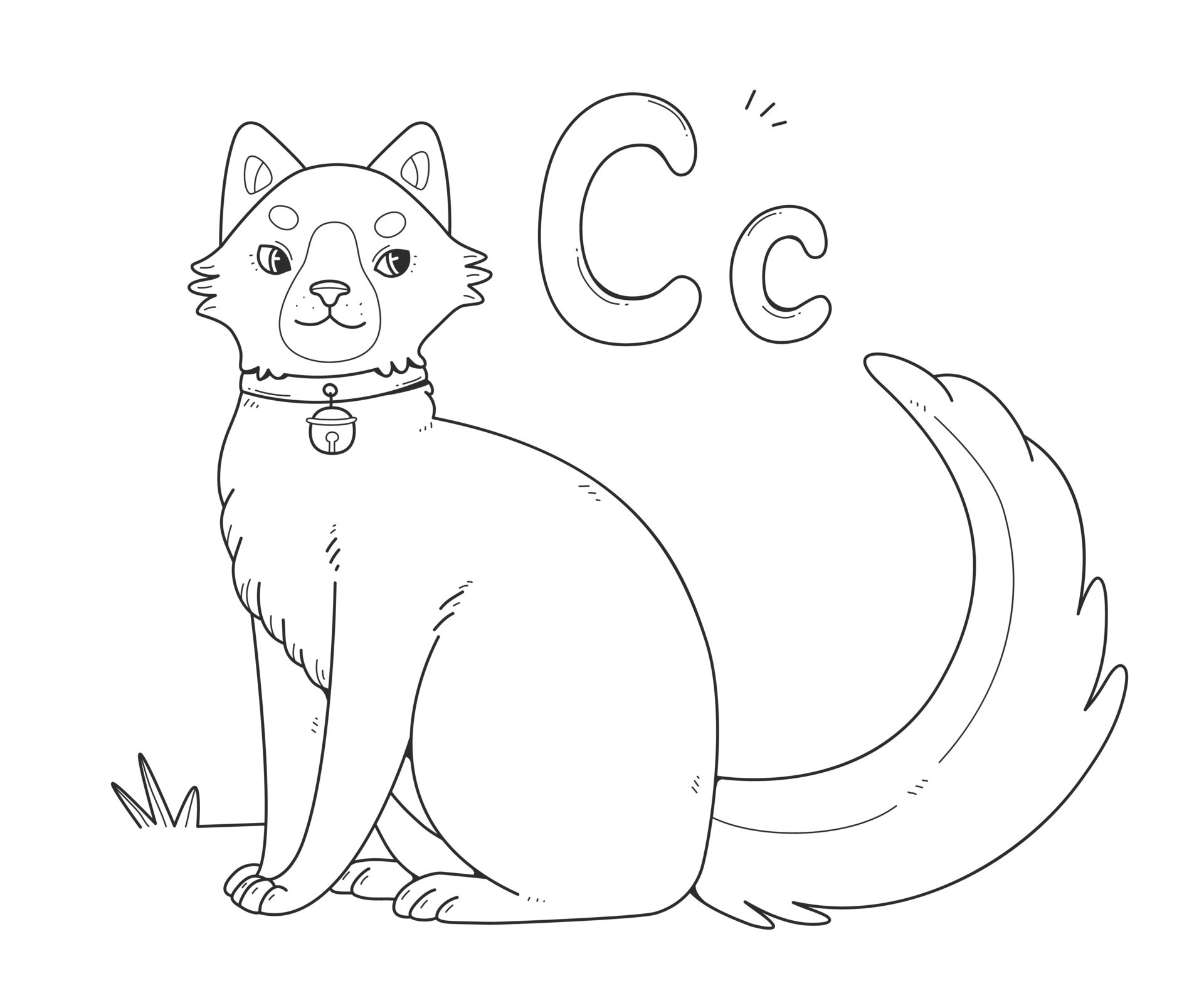 Cat coloring book with English large and small letters C. Children's