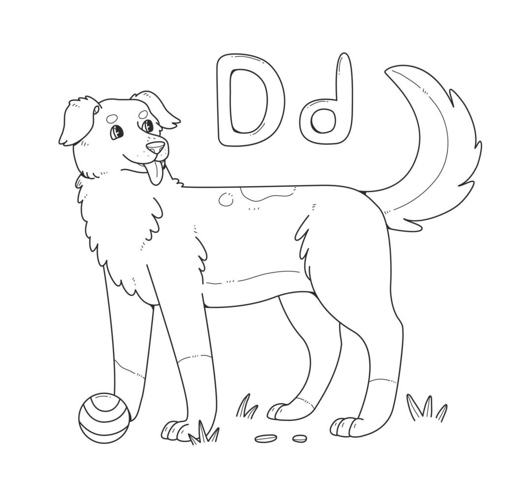 Dog coloring book with English large and small letters D. Children's coloring page alphabet. Vector linear illustration with an animal