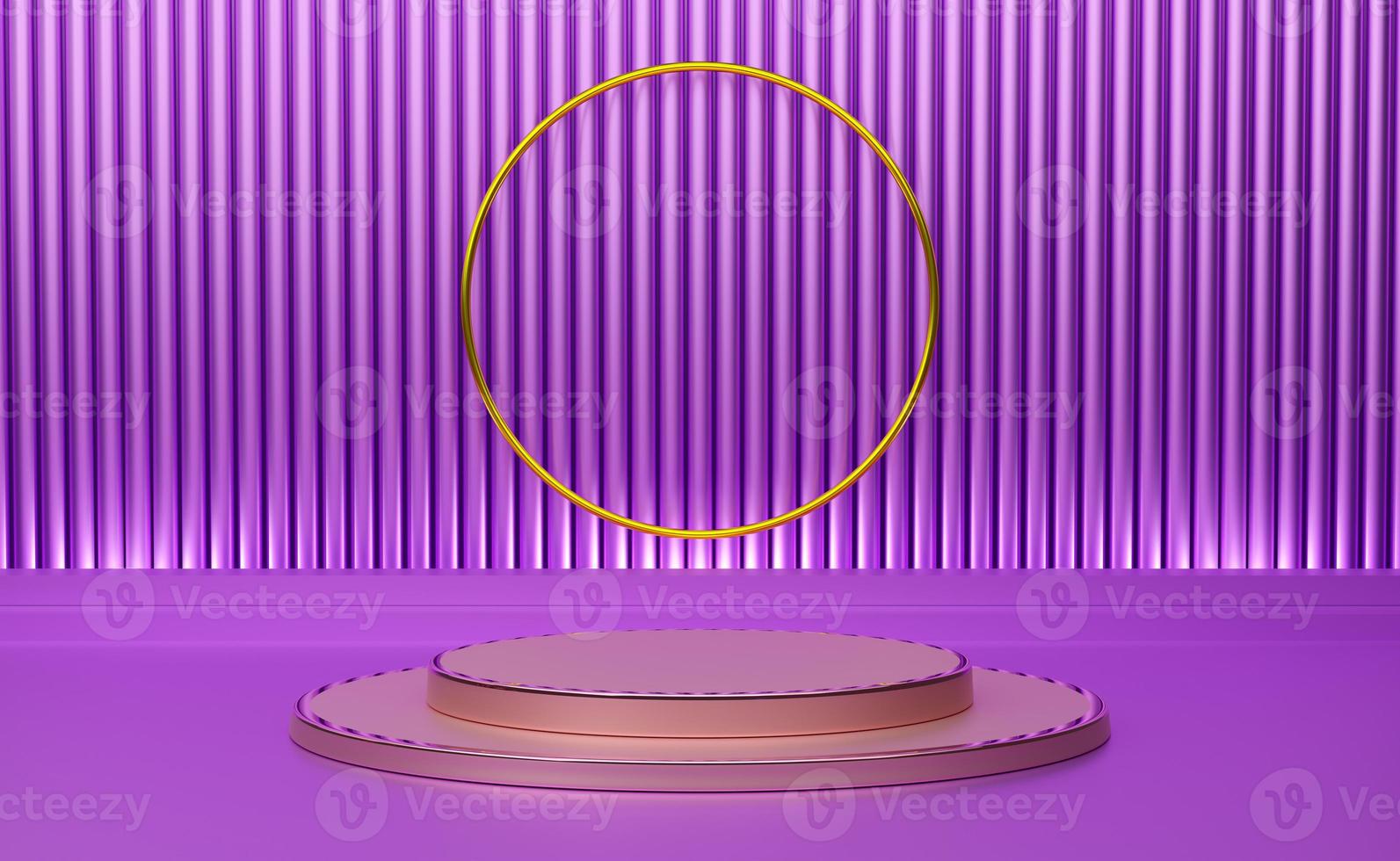 Podium with geometric shapes empty in purple or violet composition for modern stage display and minimalist mockup ,abstract showcase background ,Concept 3d illustration or 3d render photo