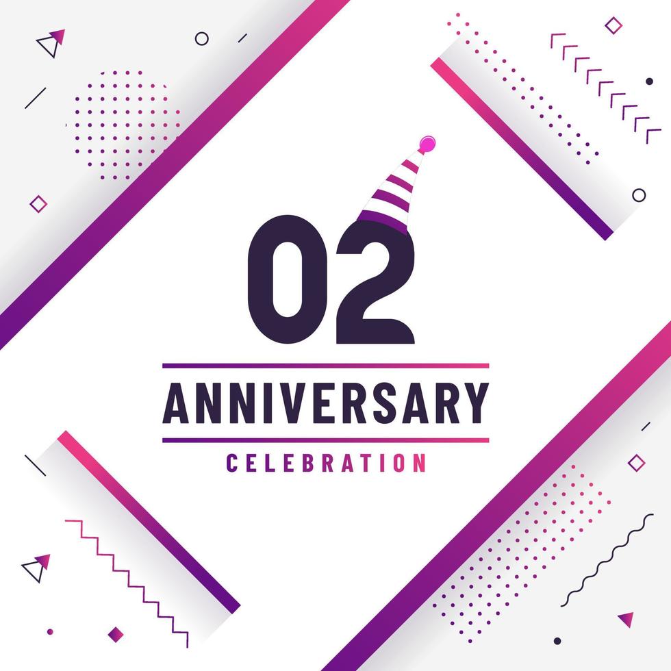 Tarjeta de saludos de aniversario de 2 años, vector colorido libre de fondo de celebración de 2 aniversario.