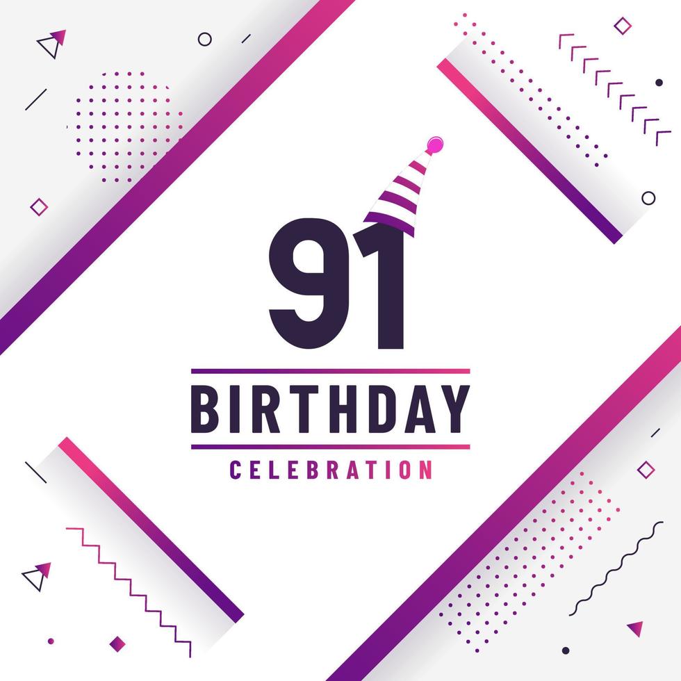 Tarjeta de saludos de cumpleaños de 91 años, vector libre de fondo de celebración de cumpleaños 91.