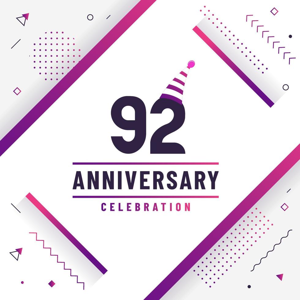 Tarjeta de saludos de aniversario de 92 años, vector colorido libre de fondo de celebración de aniversario de 92 años.