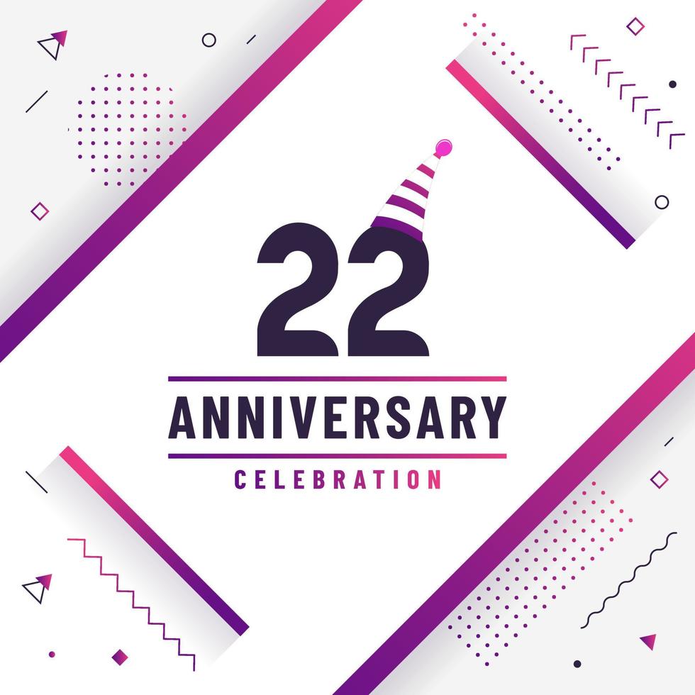 Tarjeta de saludos de aniversario de 22 años, vector colorido libre de fondo de celebración de 22 aniversario.