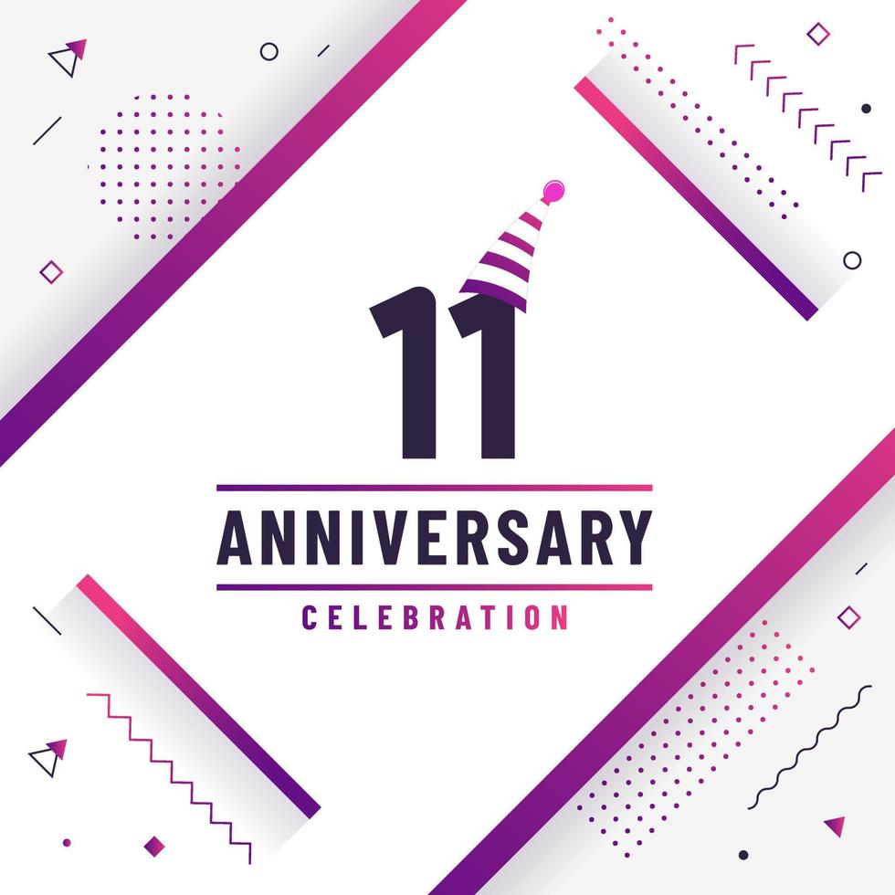 Tarjeta de saludos de aniversario de 11 años, vector colorido libre de fondo de celebración de 11 aniversario.