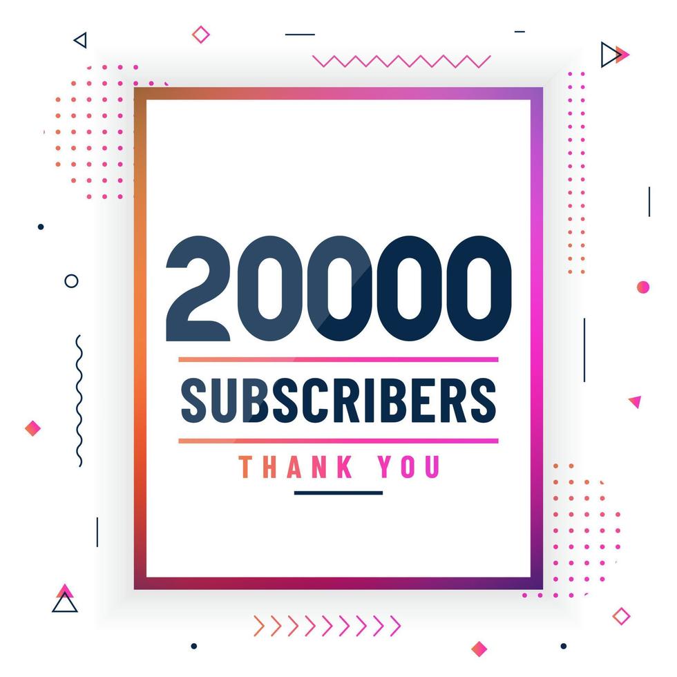 gracias 20000 suscriptores, 20k suscriptores celebración diseño moderno y colorido. vector