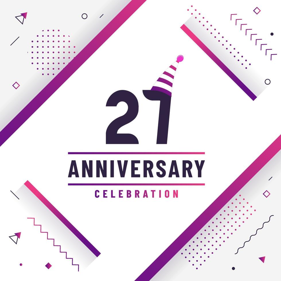 Tarjeta de saludos de aniversario de 27 años, vector colorido libre de fondo de celebración de 27 aniversario.