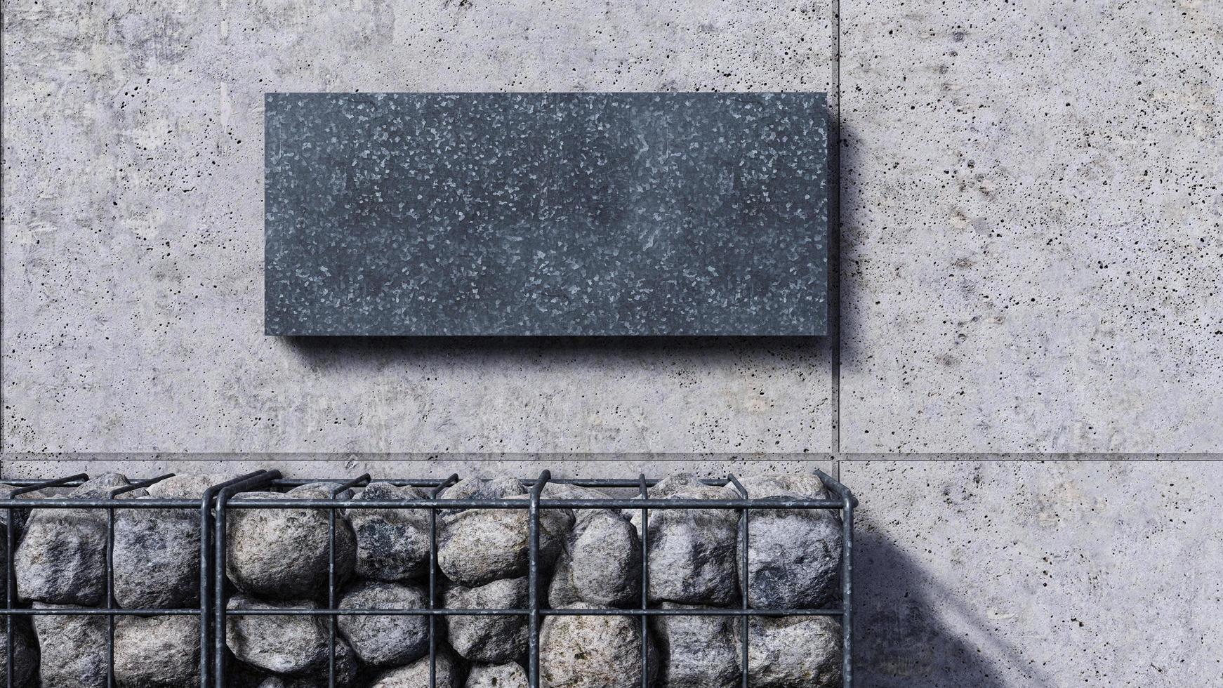 A 3d rendering image of metal blank sign on cracked concrete wall. photo
