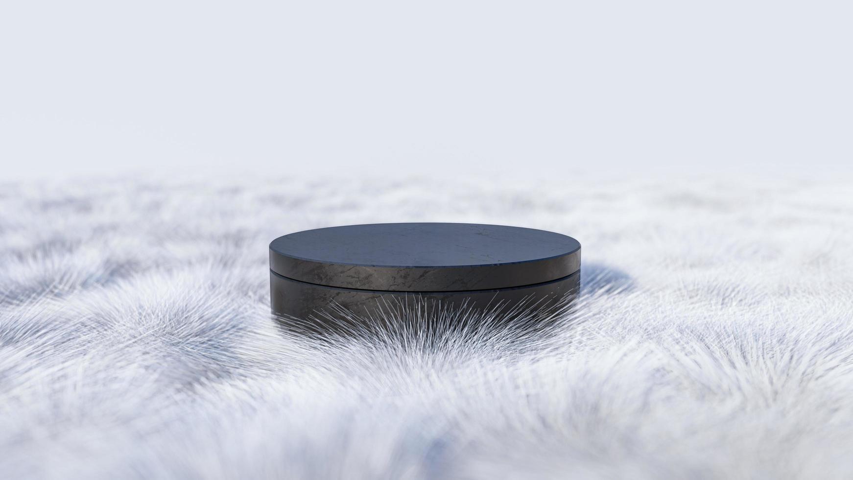 A 3d rendering image of black marble product display on white fur photo