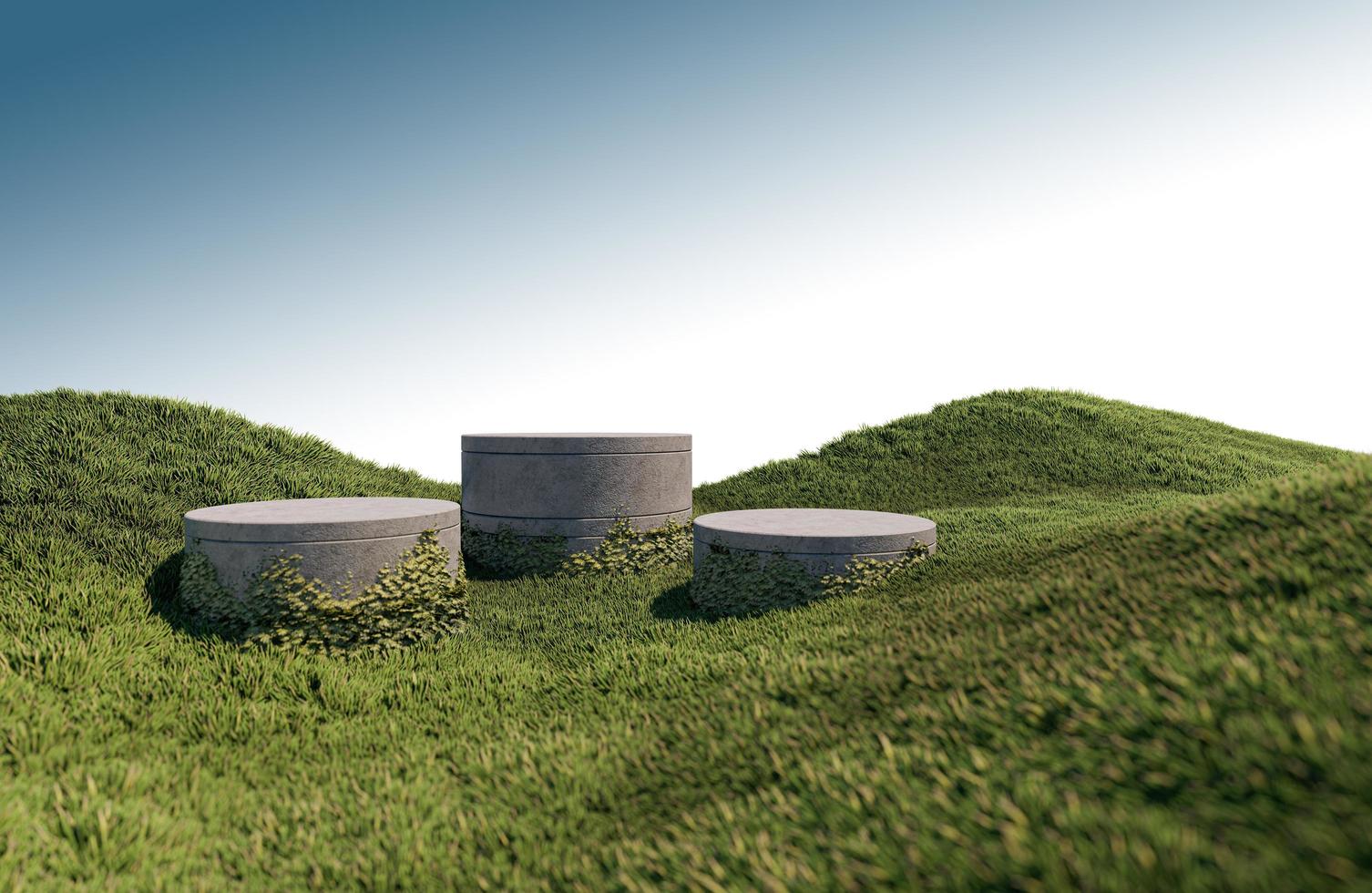 A 3d rendering image of product display on grass field photo