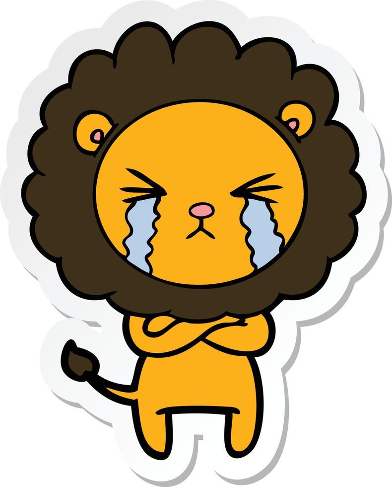 pegatina de un león llorando de dibujos animados con los brazos cruzados vector