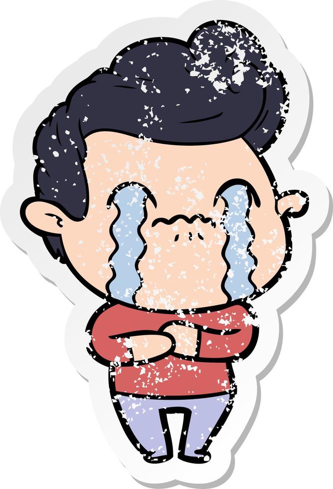 distressed sticker of a cartoon man crying vector