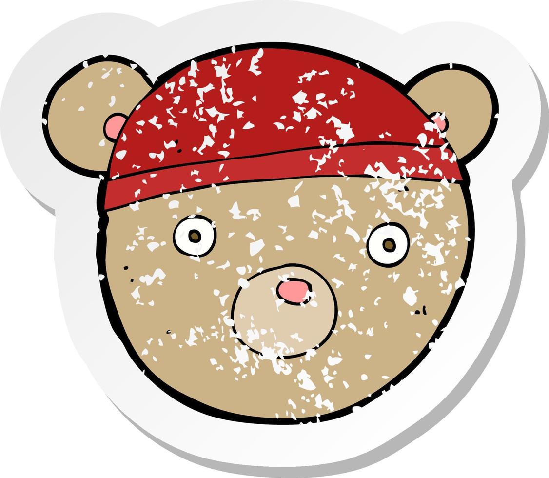 retro distressed sticker of a cartoon teddy bear hat vector