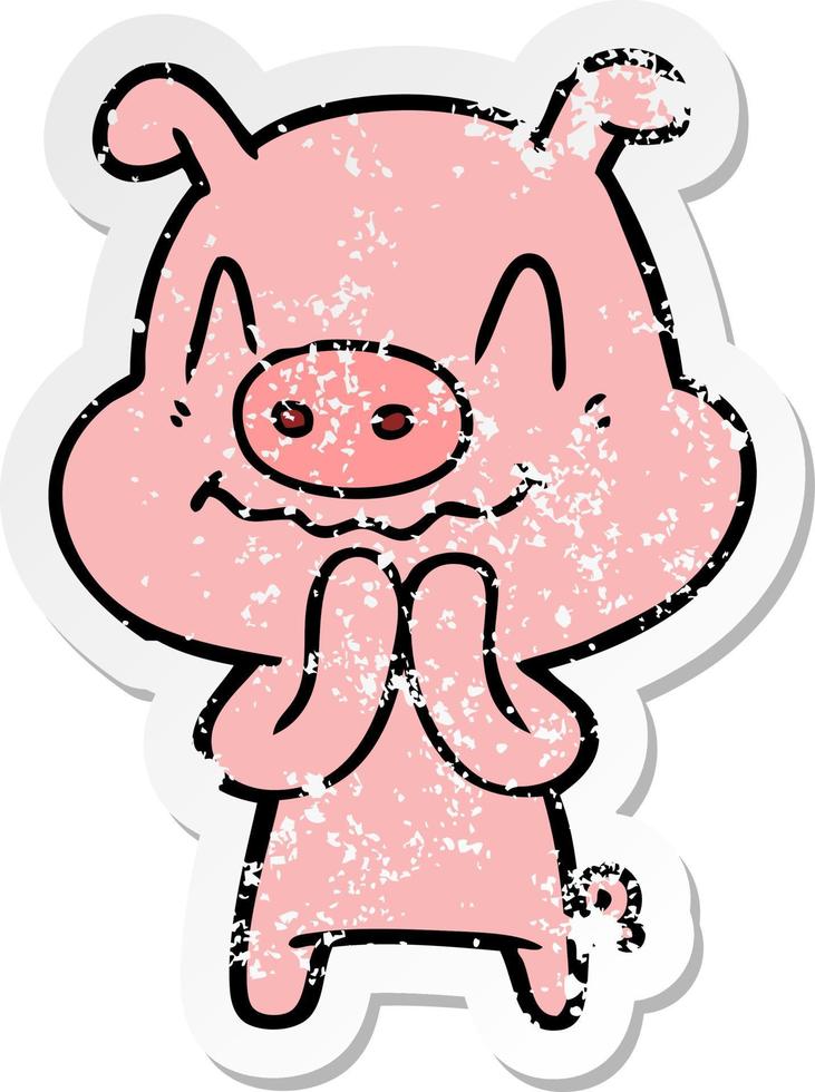 distressed sticker of a nervous cartoon pig vector