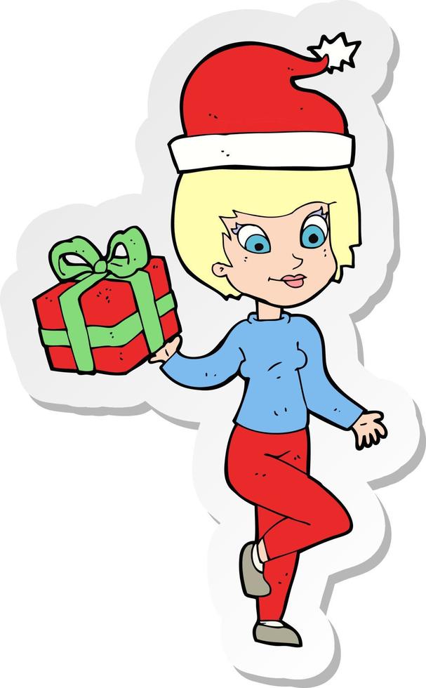 sticker of a cartoon woman with present vector