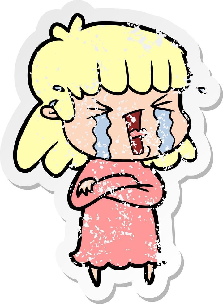 distressed sticker of a cartoon woman in tears vector