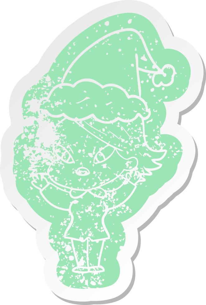 cartoon distressed sticker of a stressed woman wearing santa hat vector
