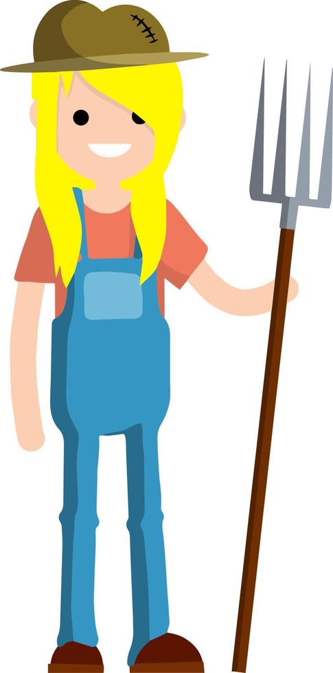 Woman farmer in overalls with fork in hands. Rural type of work. Production of natural food in the village. Guy in hat with tools. Cartoon flat illustration vector