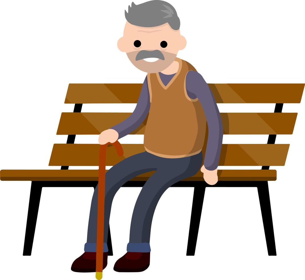 abuelo sentarse en el banco. anciano con bastón. descanso y estilo de vida de senior divertido. elemento de parque. concepto de vejez. vector