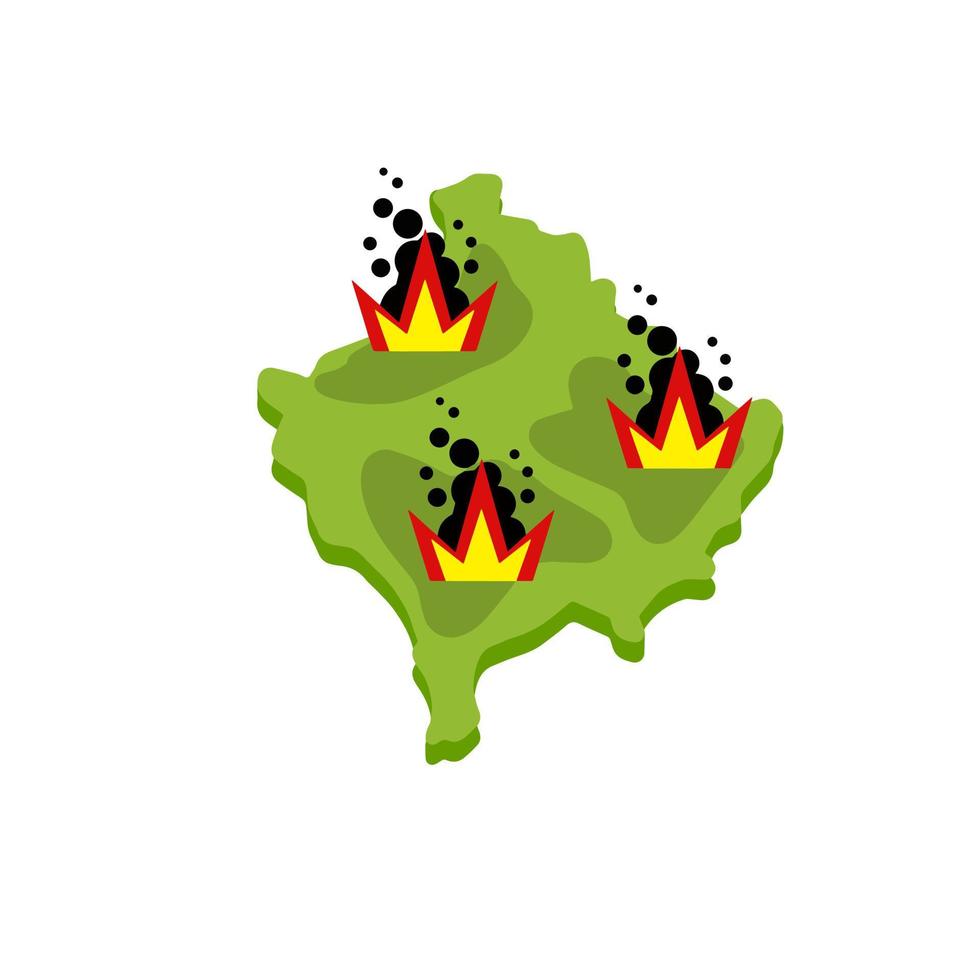 Map Of Kosovo. European state. Green area. Conflict and war in the former Serbia and Yugoslavia. Bomb blast and bombardment. Flat cartoon vector