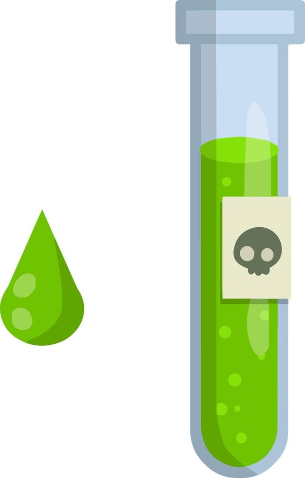 Flask of green poison. Liquid bottle. Medical preparation. Glass object. Drop of toxin. Cartoon flat illustration. Alchemical item vector