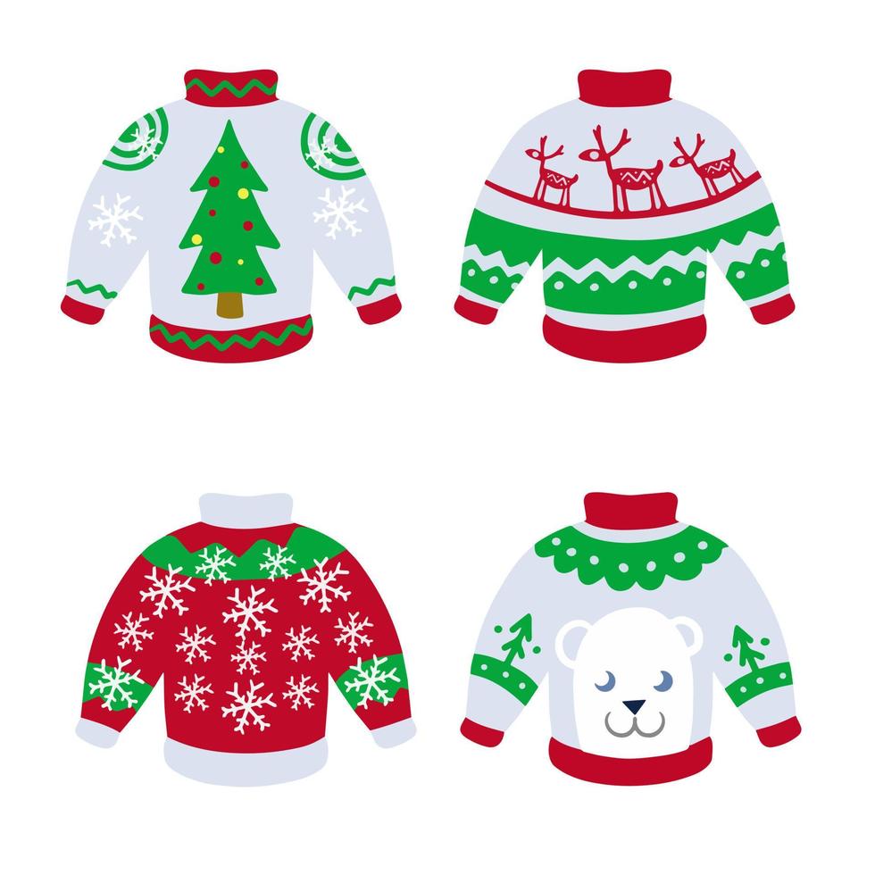 Sweater. Ugly Warm woolen pullover. Winter clothing. Red, green and blue Christmas pattern with stripes. Cartoon illustration vector