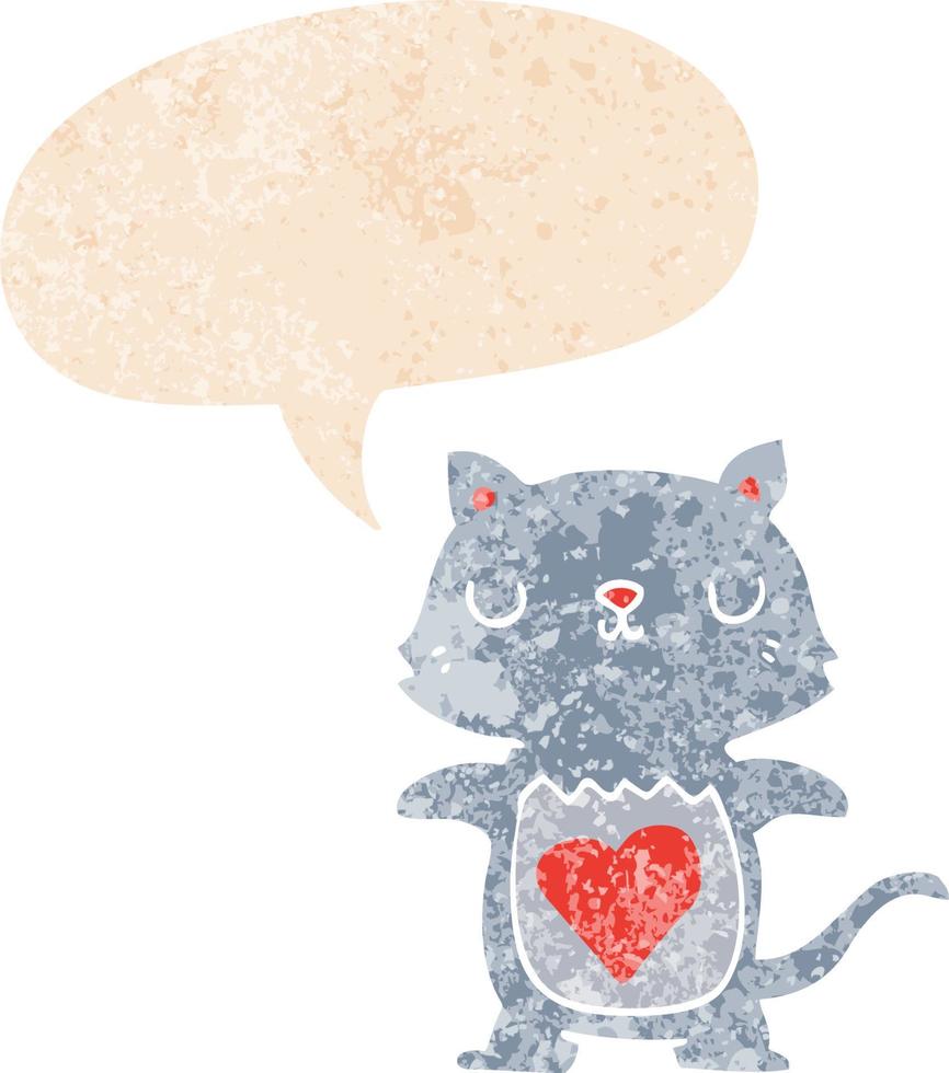 cute cartoon cat and speech bubble in retro textured style vector