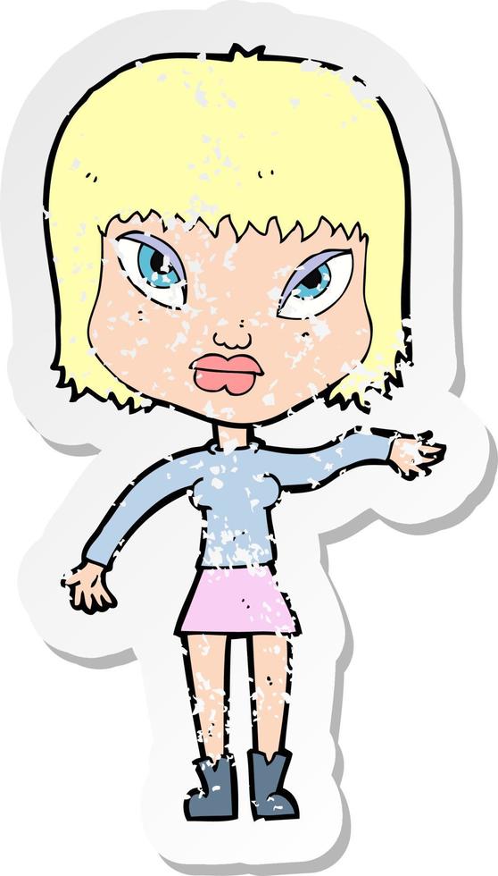 retro distressed sticker of a cartoon woman making gesture vector