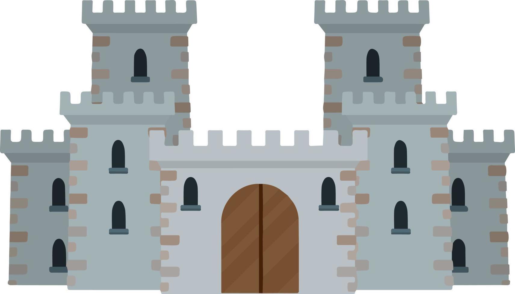 Medieval European stone castle. Knight fortress. Concept of security, protection and defense. Cartoon flat illustration. Military building with walls, gates and big tower. vector