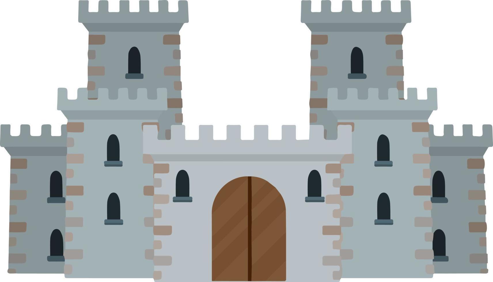 castillo de piedra europeo medieval. fortaleza del caballero. concepto de seguridad, protección y defensa. ilustración plana de dibujos animados. edificio militar con murallas, puertas y gran torre. vector