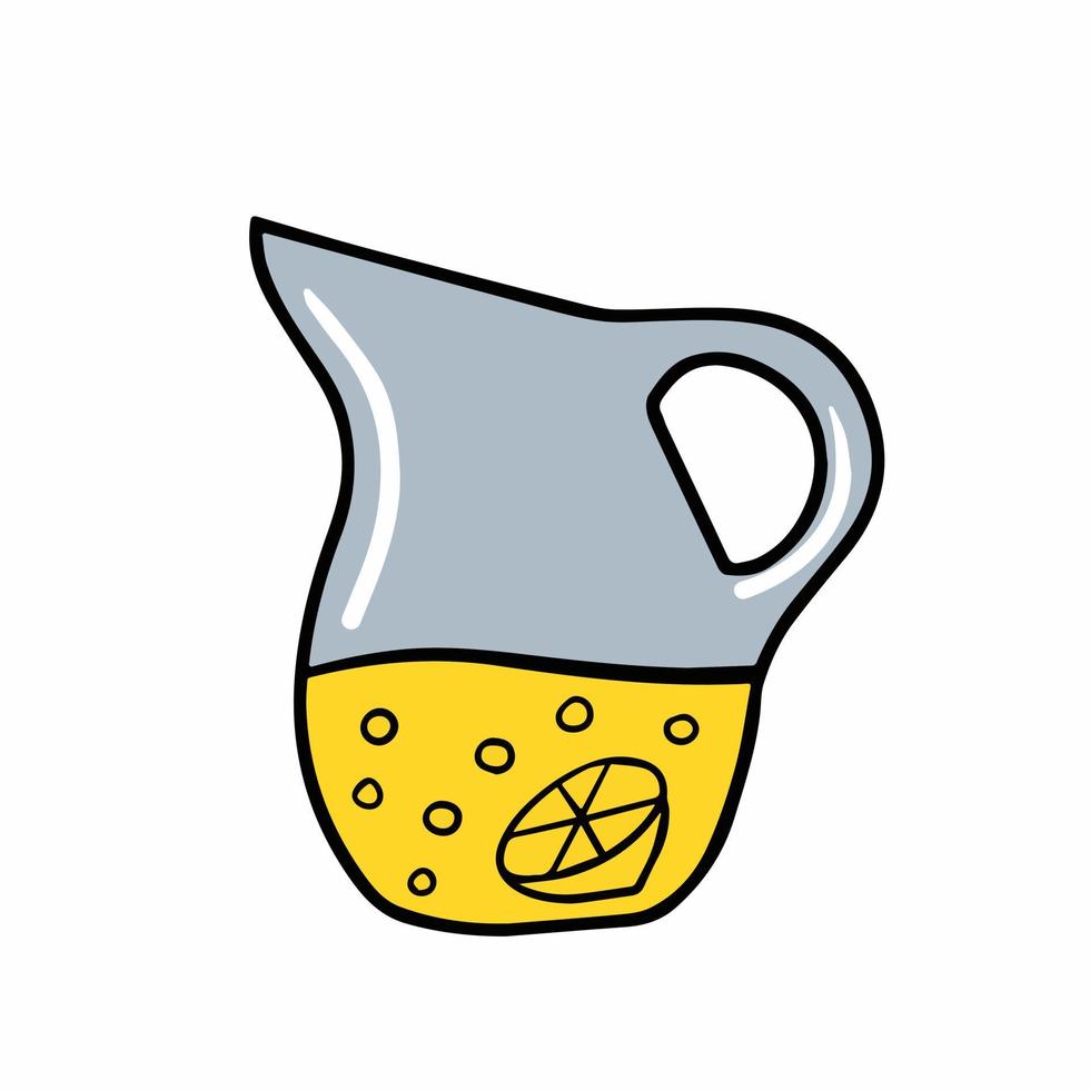 Lemonade in jug. Summer refreshing drink in glass jar. Yellow liquid with lemon. Outline cartoon illustration vector