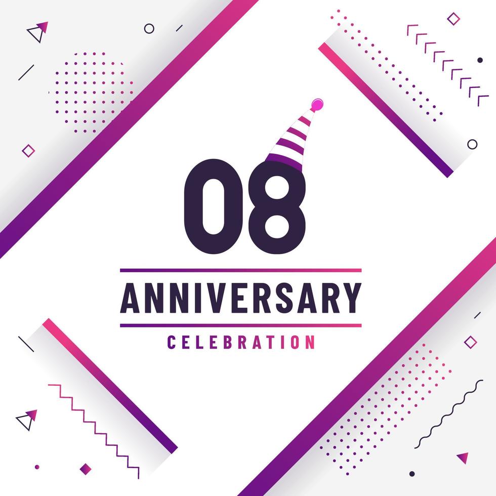 Tarjeta de saludos de aniversario de 8 años, vector colorido libre de fondo de celebración de 8 aniversario.