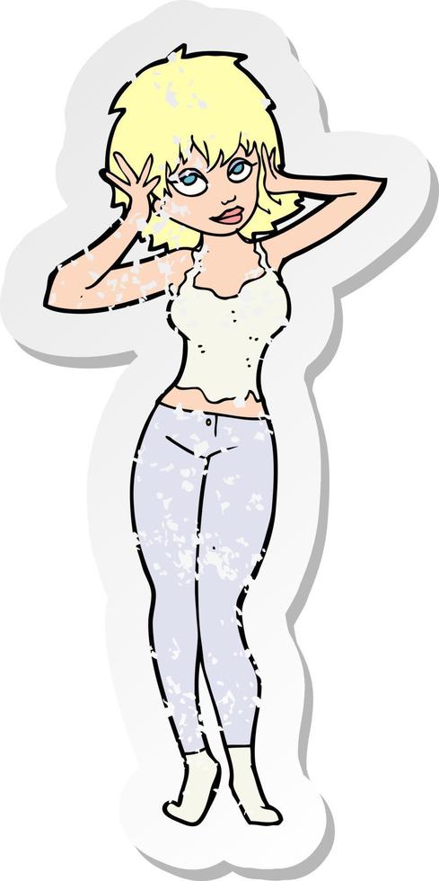 retro distressed sticker of a cartoon pretty woman vector