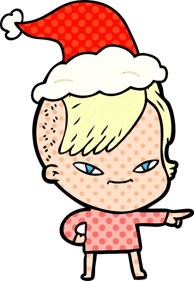 cute comic book style illustration of a girl with hipster haircut wearing santa hat vector