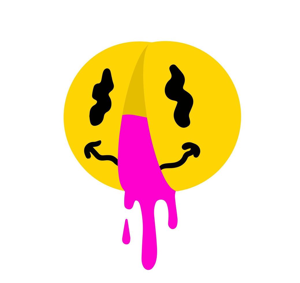 Acid smile face. Retro symbol of rave and techno. Melted trippy character. Comic funky yellow sticker. vector