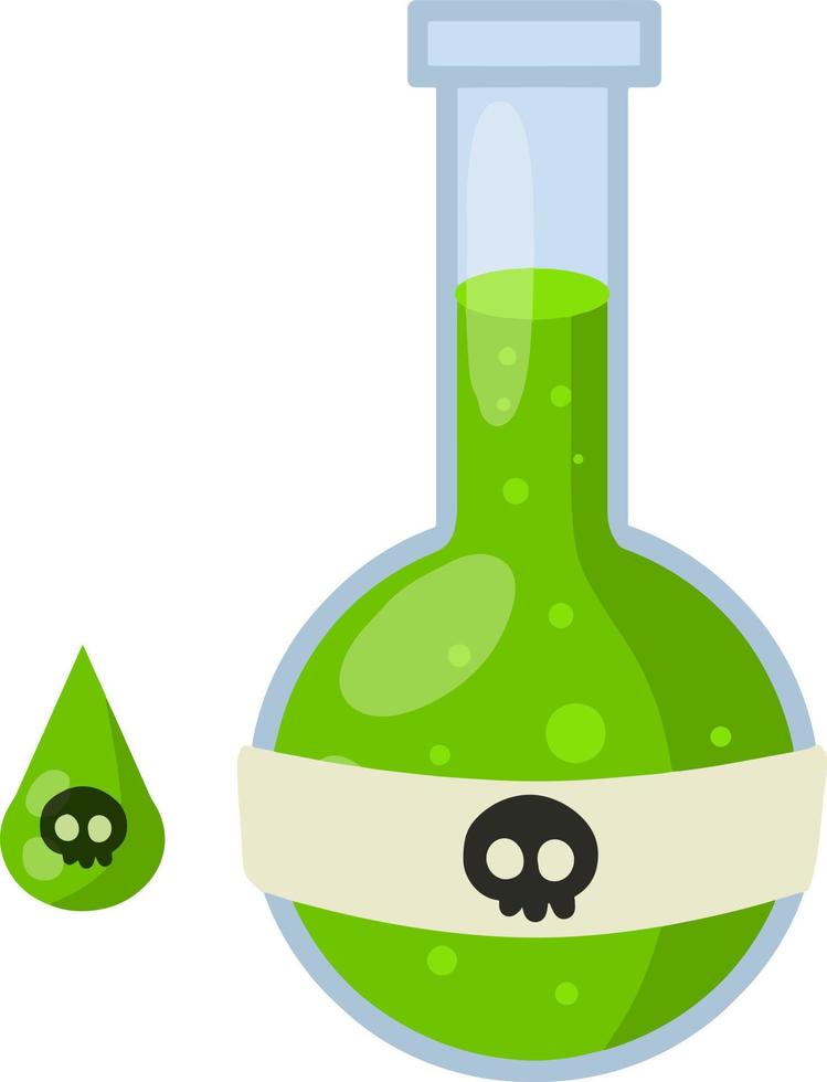 Flask of green poison. Liquid bottle. Medical preparation. Glass object. Drop of toxin. Cartoon flat illustration. Alchemical item vector