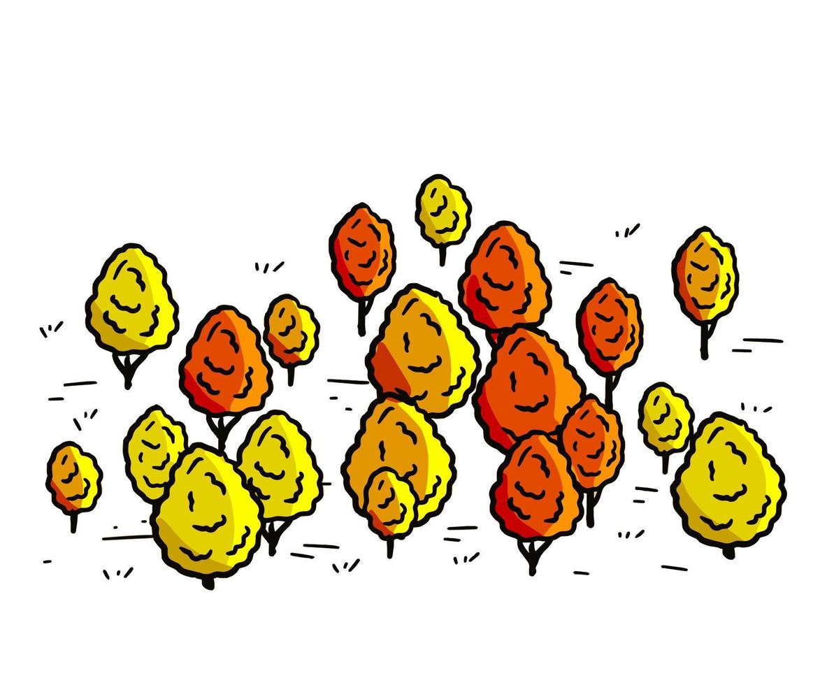 Autumn Trees for map. Doodle Yellow-red forest. Sketch park area. Hand drawn outline illustration vector
