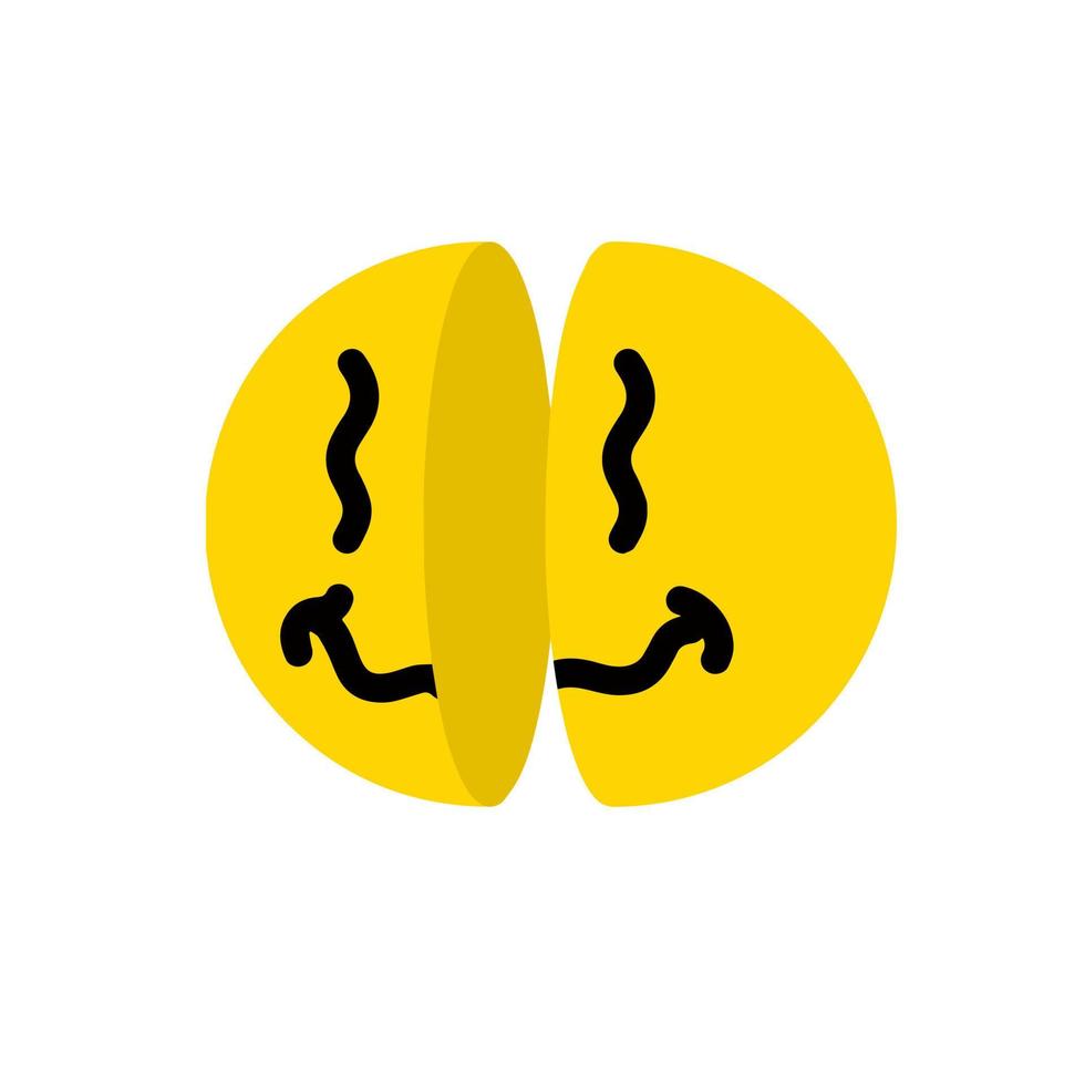 Acid smile face. Retro symbol of rave and techno. Melted trippy character. Comic funky yellow sticker. vector