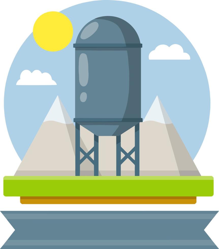 Farm building and green rural landscape with trees. High cylinder and barrel. Cartoon flat illustration vector