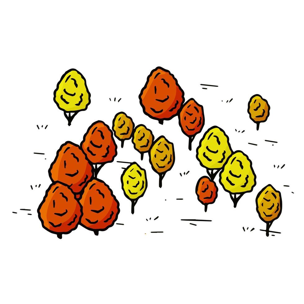 Autumn Trees for map. Doodle Yellow-red forest. Sketch park area. Hand drawn outline illustration vector