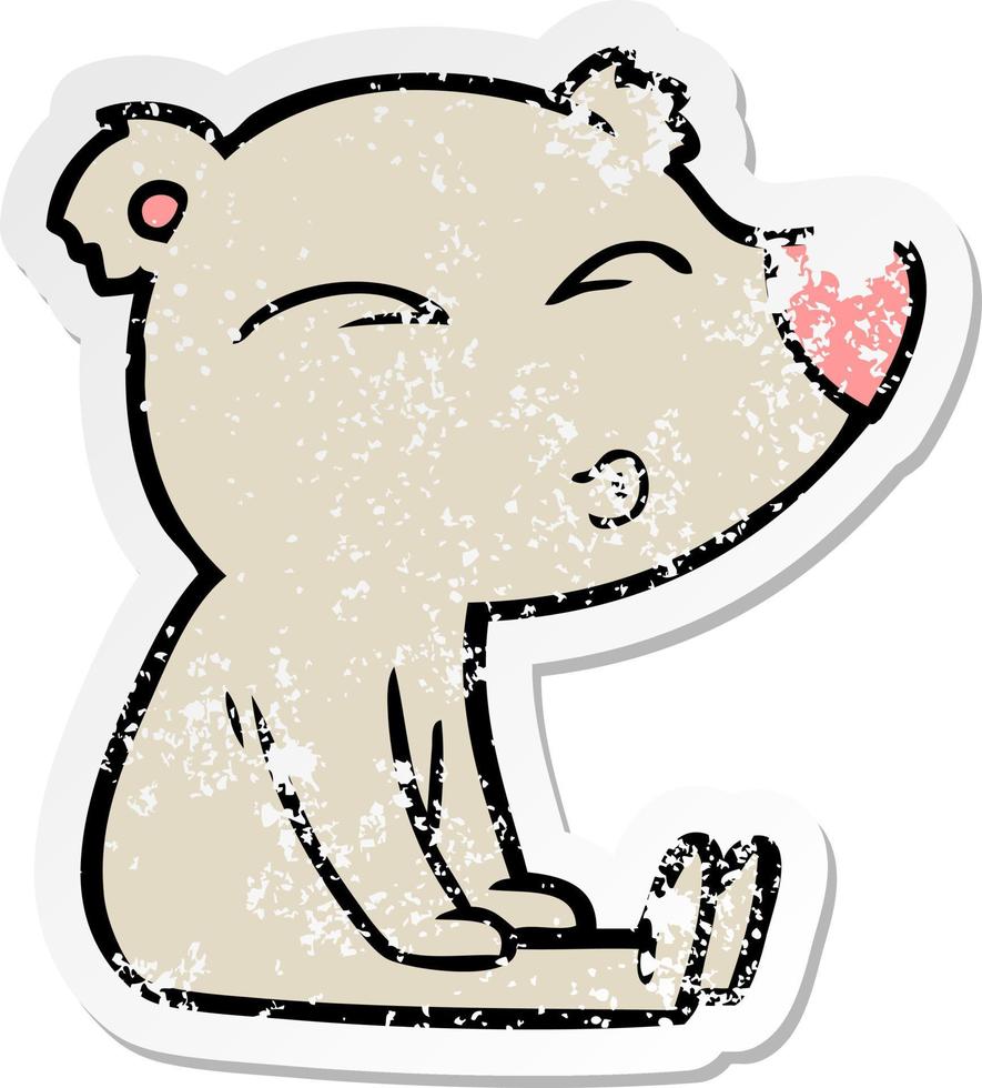 distressed sticker of a cartoon whistling bear sitting vector