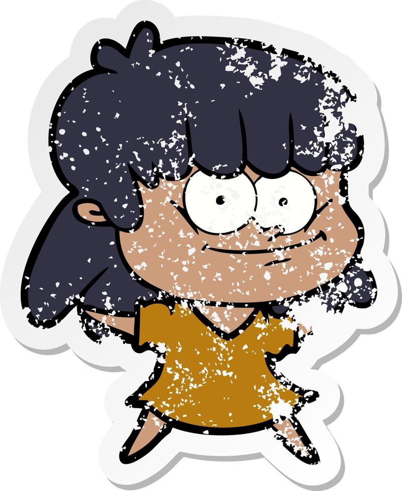 distressed sticker of a cartoon girl smiling vector