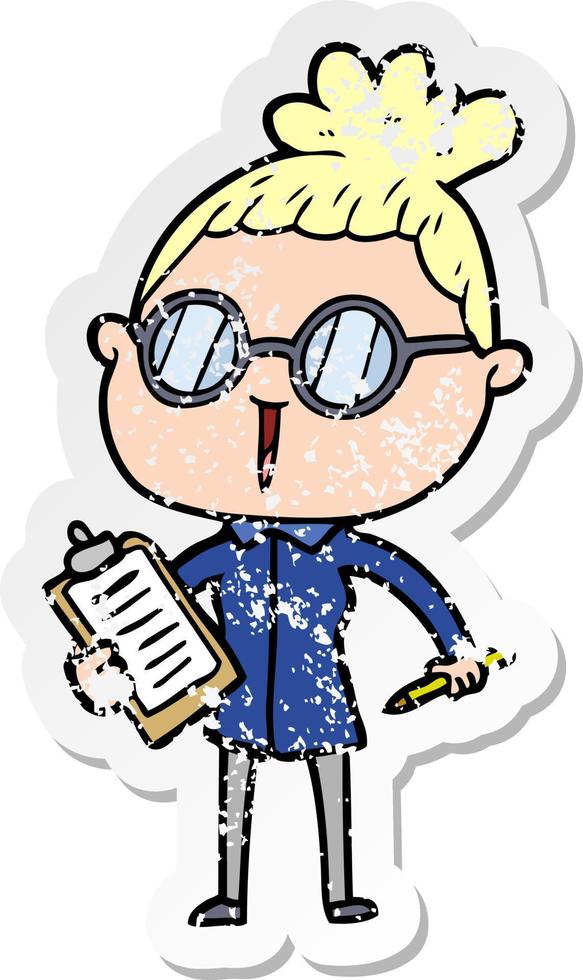 distressed sticker of a cartoon woman wearing spectacles vector