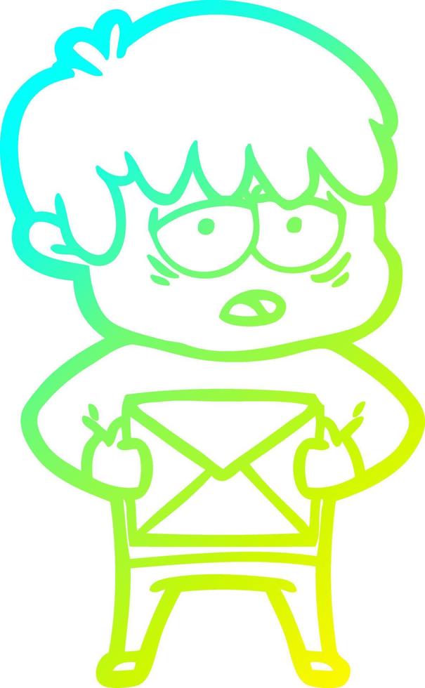 cold gradient line drawing cartoon exhausted boy with letter vector
