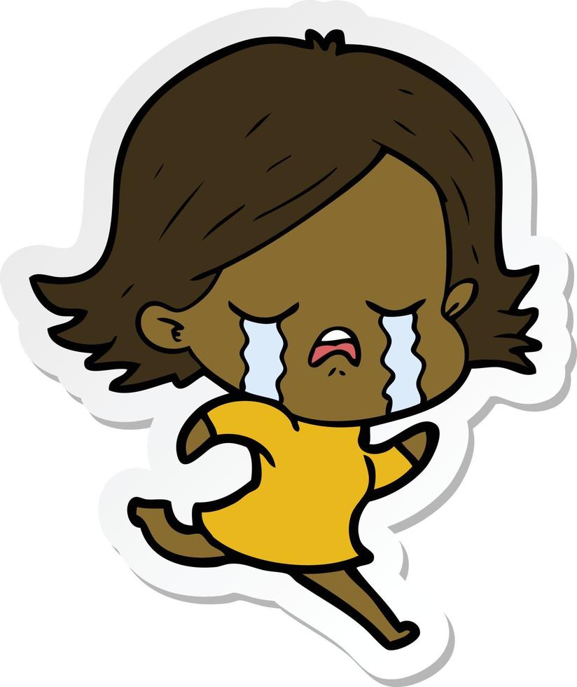 pegatina de una niña de dibujos animados llorando mientras corre vector