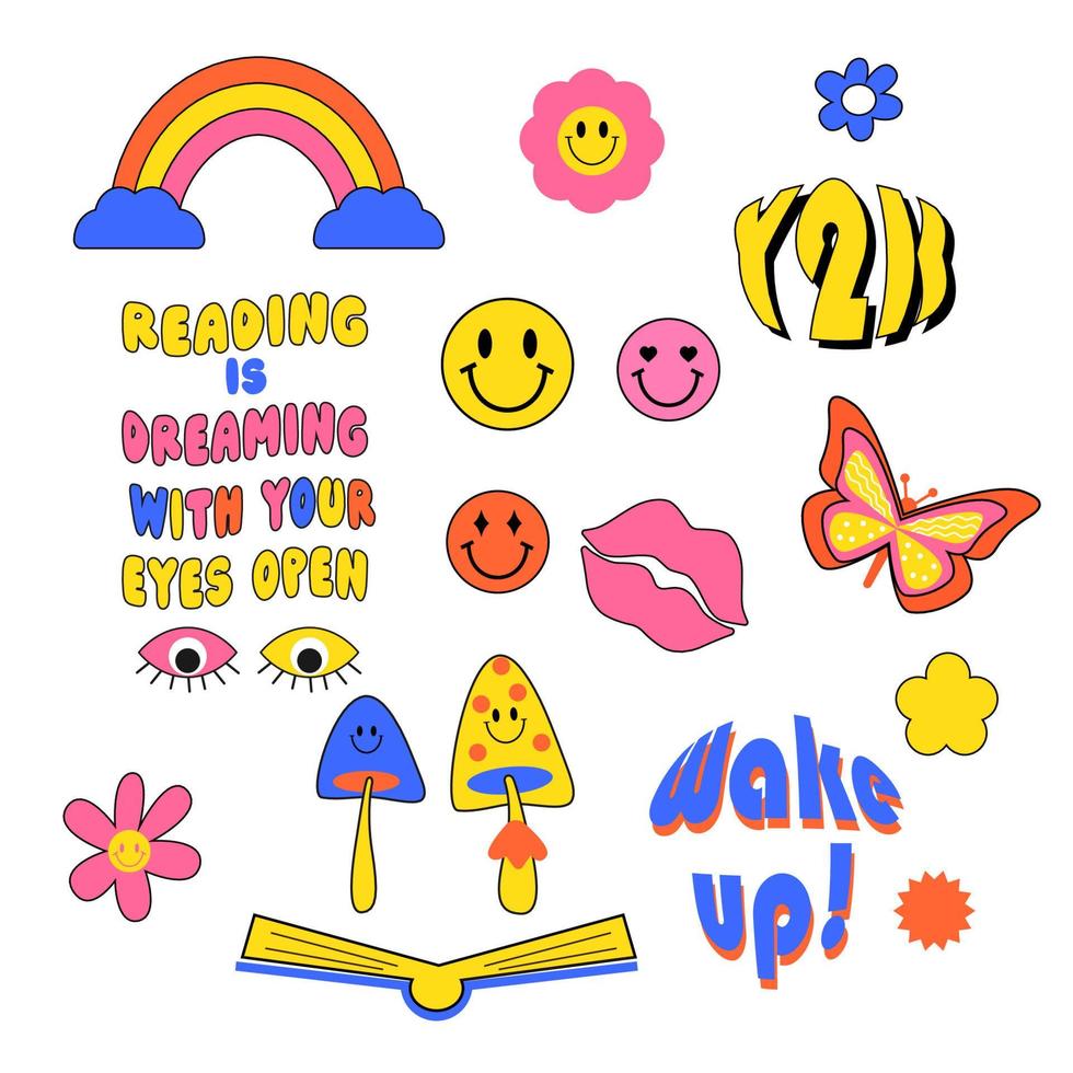 Collection of cool trendy stickers vector design. Hippie retro style. Funky, hipster retrowave stickers in geometric shapes.