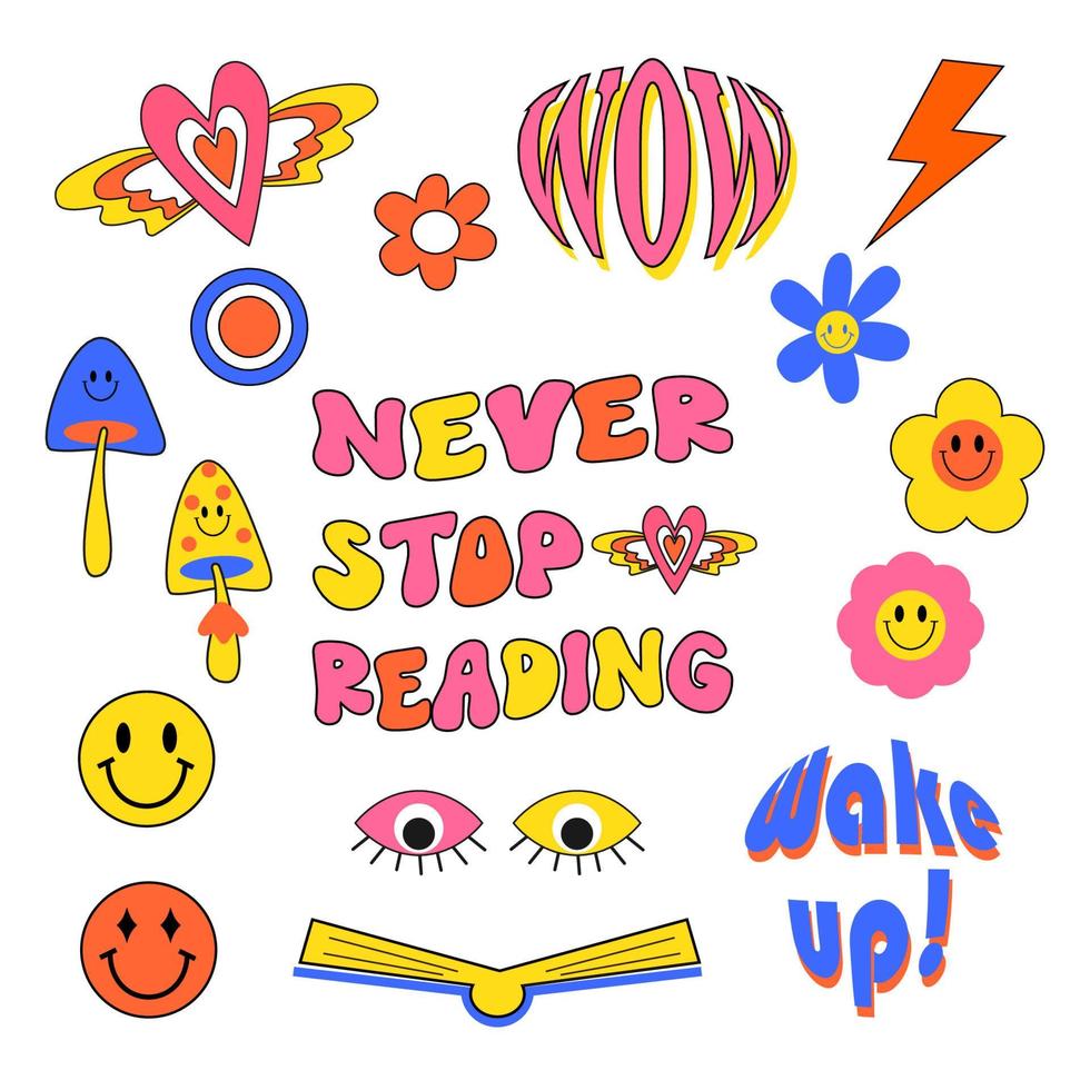 Collection of cool trendy stickers vector design. Hippie retro style. Funky, hipster retrowave stickers in geometric shapes.